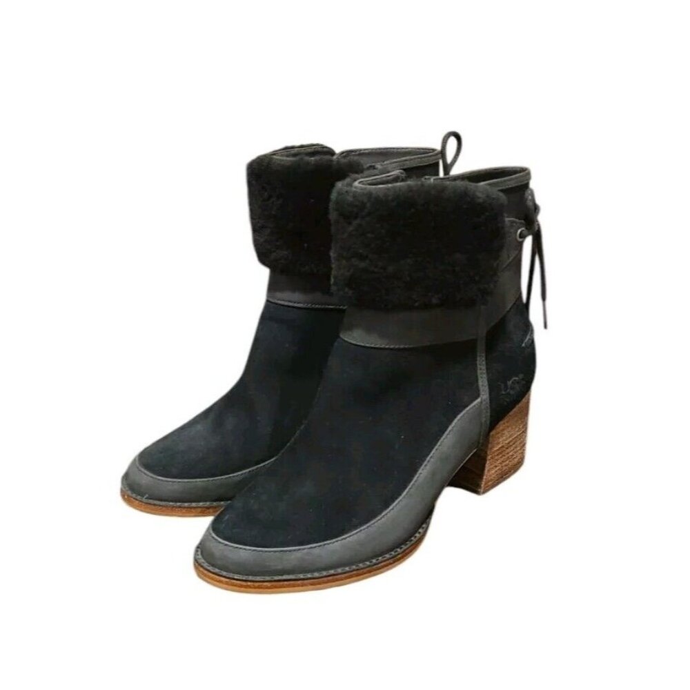UGG Black Suede Shearling Cuff Ankle Boots